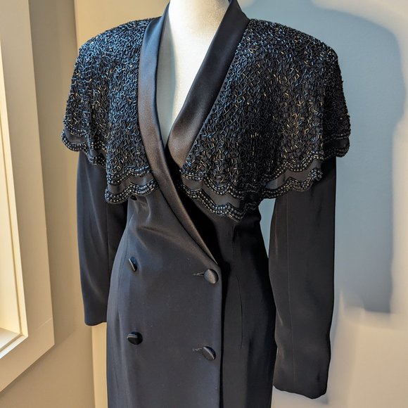 Vintage 80's Beaded Cape /Tuxedo Mini Dress - Picture 5 of 8